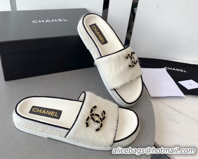 Shop Duplicate Chanel Horse Hair Flat Slide Sandals with Stone CC White 022288