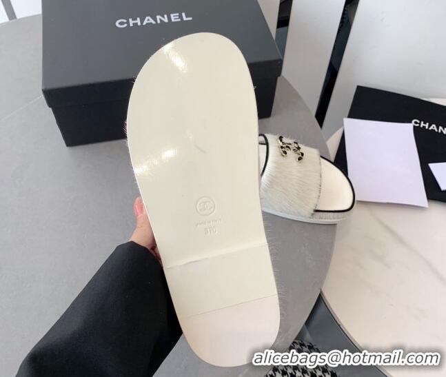 Shop Duplicate Chanel Horse Hair Flat Slide Sandals with Stone CC White 022288