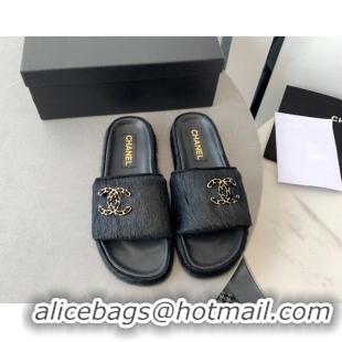 Discount Chanel Horse Hair Flat Slide Sandals with Stone CC Black 222889