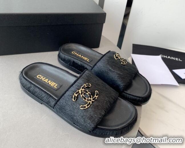 Discount Chanel Horse Hair Flat Slide Sandals with Stone CC Black 222889