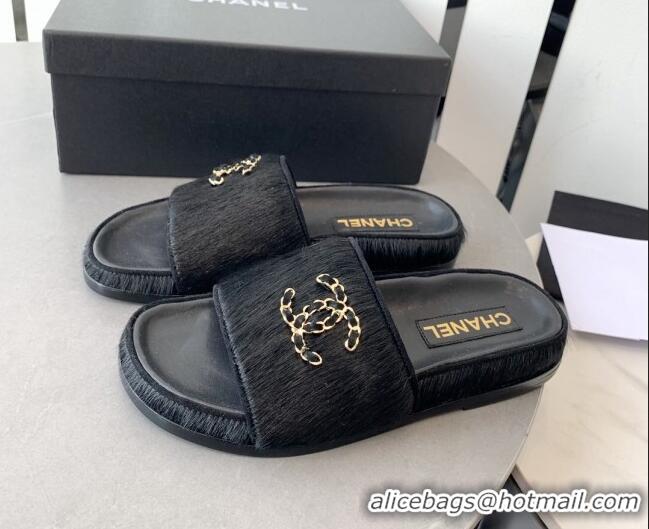 Discount Chanel Horse Hair Flat Slide Sandals with Stone CC Black 222889