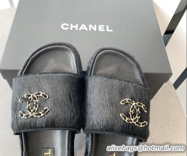 Discount Chanel Horse Hair Flat Slide Sandals with Stone CC Black 222889