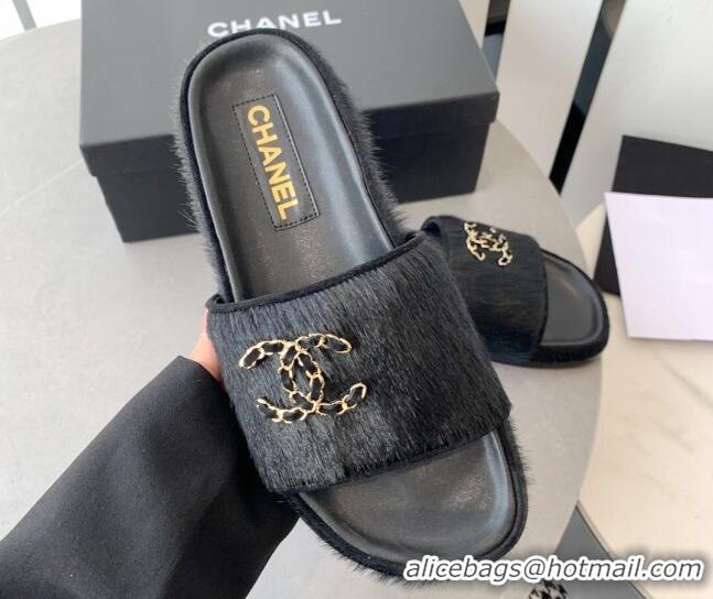 Discount Chanel Horse Hair Flat Slide Sandals with Stone CC Black 222889