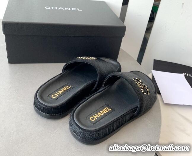 Discount Chanel Horse Hair Flat Slide Sandals with Stone CC Black 222889