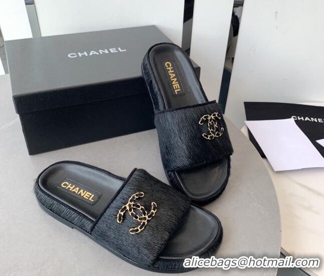 Discount Chanel Horse Hair Flat Slide Sandals with Stone CC Black 222889