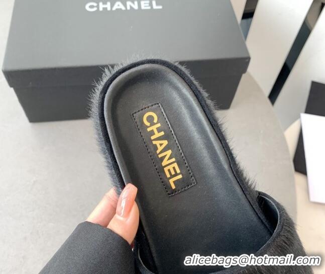 Discount Chanel Horse Hair Flat Slide Sandals with Stone CC Black 222889