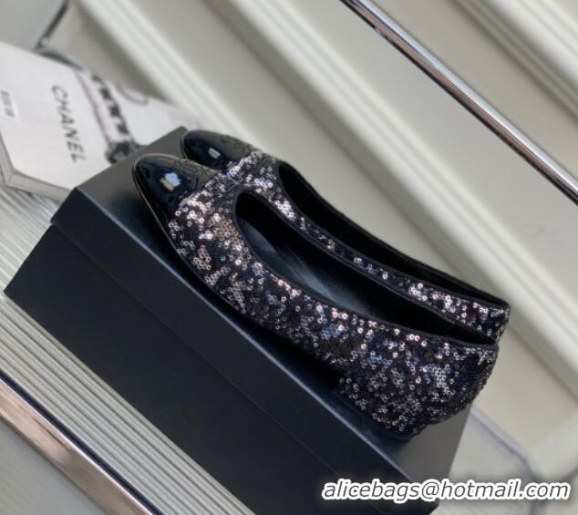 Best Grade Chanel Glitter & Patent Leather Ballerinas Silver/Black 222899