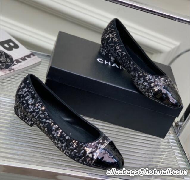 Best Grade Chanel Glitter & Patent Leather Ballerinas Silver/Black 222899