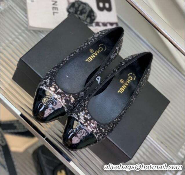 Best Grade Chanel Glitter & Patent Leather Ballerinas Silver/Black 222899