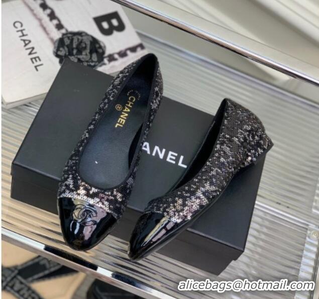 Best Grade Chanel Glitter & Patent Leather Ballerinas Silver/Black 222899