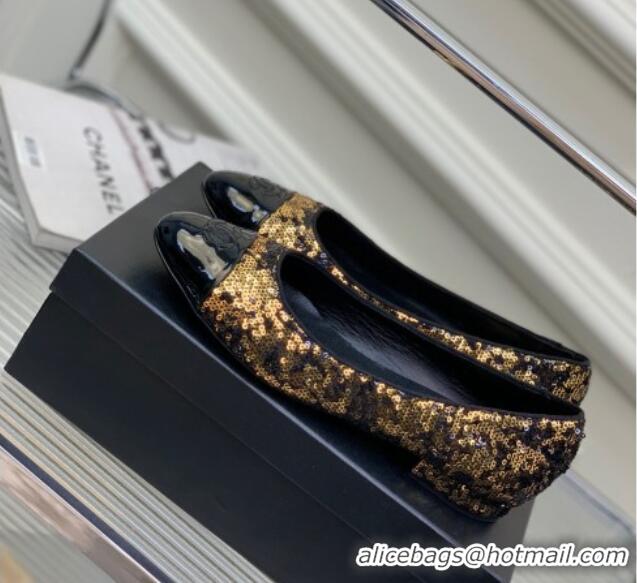 Top Grade Chanel Glitter & Patent Leather Ballerinas Gold/Black 2228100