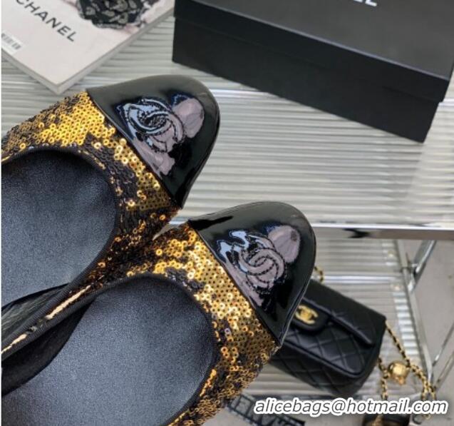 Top Grade Chanel Glitter & Patent Leather Ballerinas Gold/Black 2228100