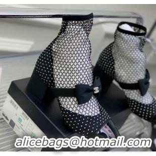 Popular Style Chanel Fabric & Mesh Mesh Ankle Boots with Crystals and Bow 5.5cm Black 228101