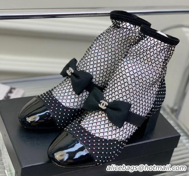 Popular Style Chanel Fabric & Mesh Mesh Ankle Boots with Crystals and Bow 5.5cm Black 228101