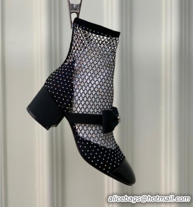 Popular Style Chanel Fabric & Mesh Mesh Ankle Boots with Crystals and Bow 5.5cm Black 228101