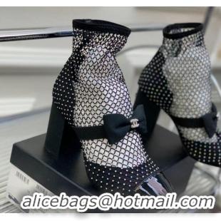 Stylish Chanel Fabric & Mesh Mesh Ankle Boots with Crystals and Bow 8.5cm Black 2228102