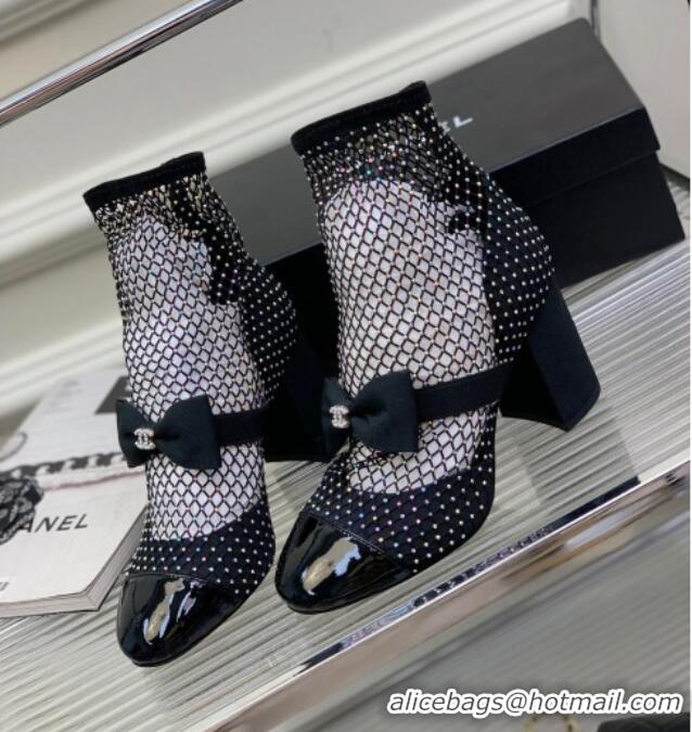 Stylish Chanel Fabric & Mesh Mesh Ankle Boots with Crystals and Bow 8.5cm Black 2228102