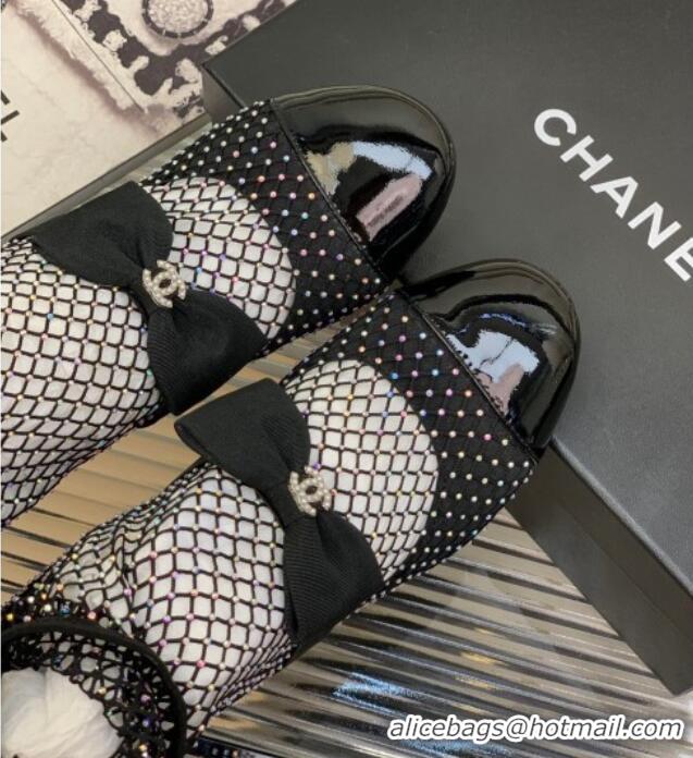 Stylish Chanel Fabric & Mesh Mesh Ankle Boots with Crystals and Bow 8.5cm Black 2228102