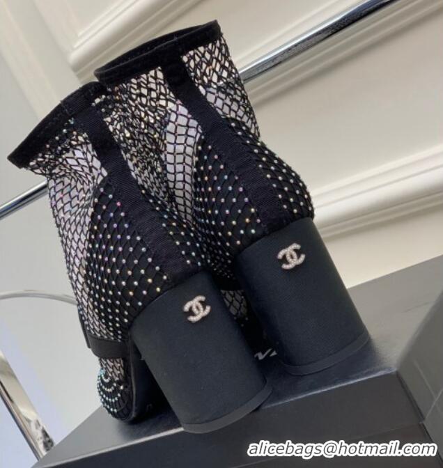 Stylish Chanel Fabric & Mesh Mesh Ankle Boots with Crystals and Bow 8.5cm Black 2228102