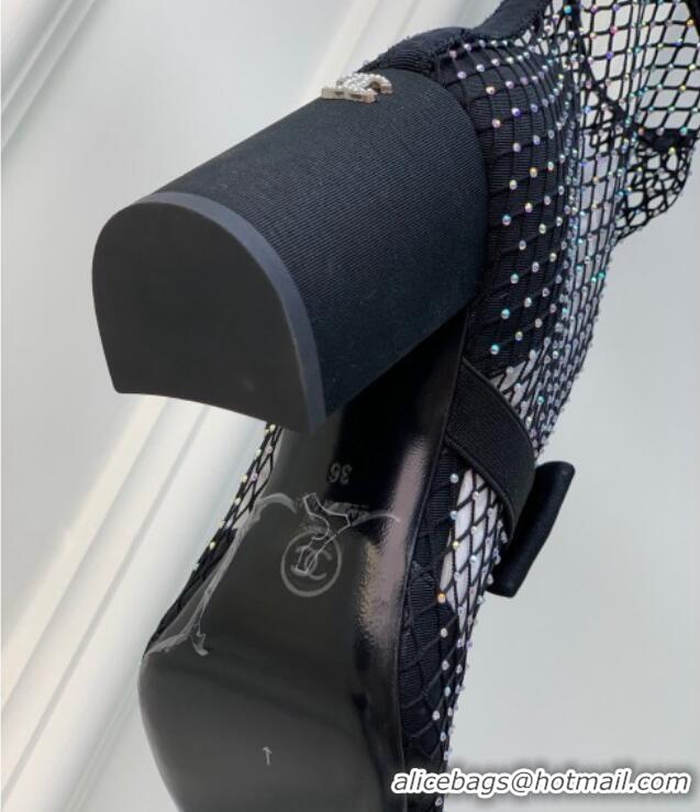 Stylish Chanel Fabric & Mesh Mesh Ankle Boots with Crystals and Bow 8.5cm Black 2228102