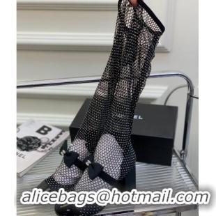 Good Quality Chanel Fabric & Mesh Mesh Ankle Boots with Crystals and Bow 8.5cm Black 2228103