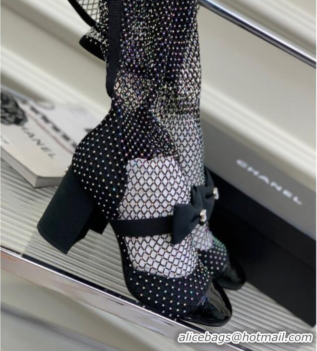 Good Quality Chanel Fabric & Mesh Mesh Ankle Boots with Crystals and Bow 8.5cm Black 2228103