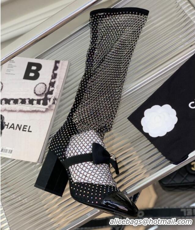 Good Quality Chanel Fabric & Mesh Mesh Ankle Boots with Crystals and Bow 8.5cm Black 2228103