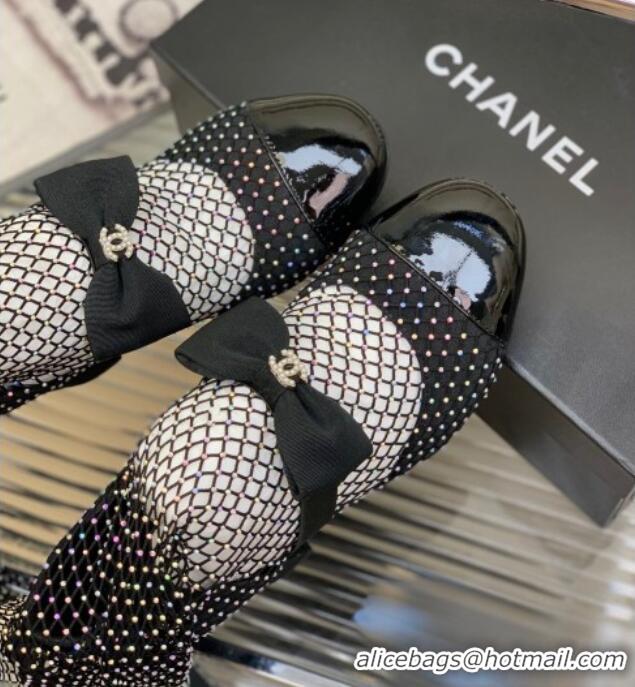 Good Quality Chanel Fabric & Mesh Mesh Ankle Boots with Crystals and Bow 8.5cm Black 2228103