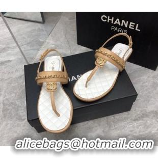 Durable Chanel Lambskin Flat Thong Sandals with Chain Beige 2228104