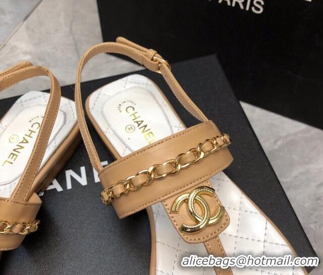 Durable Chanel Lambskin Flat Thong Sandals with Chain Beige 2228104