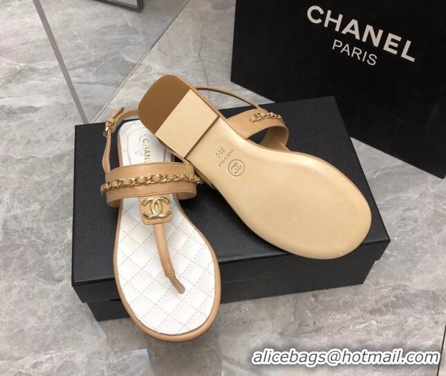 Durable Chanel Lambskin Flat Thong Sandals with Chain Beige 2228104