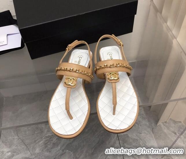 Durable Chanel Lambskin Flat Thong Sandals with Chain Beige 2228104