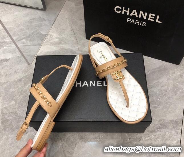 Durable Chanel Lambskin Flat Thong Sandals with Chain Beige 2228104