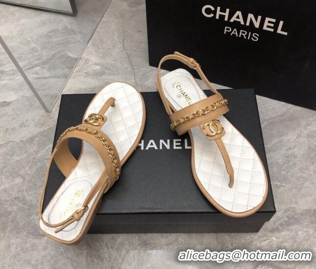 Durable Chanel Lambskin Flat Thong Sandals with Chain Beige 2228104