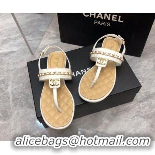 Stylish Chanel Lambskin Flat Thong Sandals with Chain White 228105