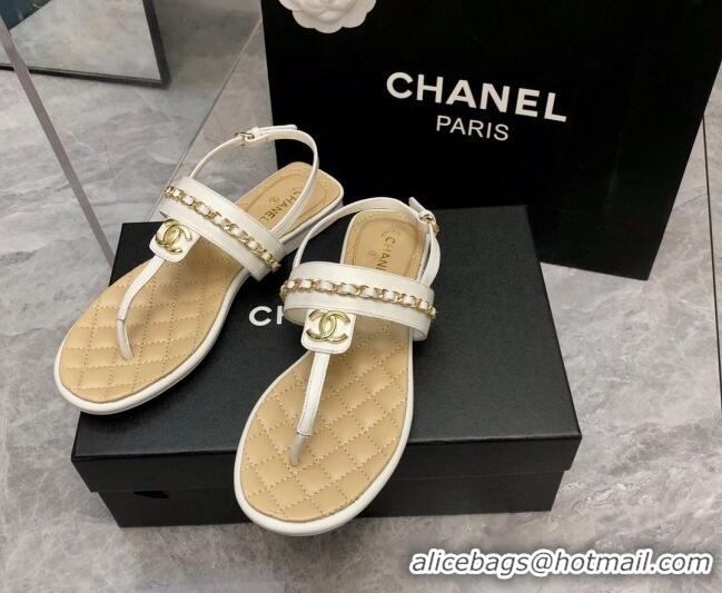 Stylish Chanel Lambskin Flat Thong Sandals with Chain White 228105