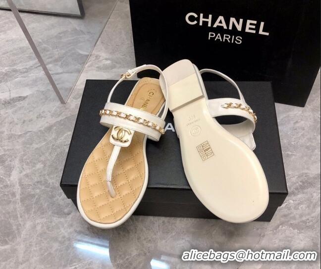 Stylish Chanel Lambskin Flat Thong Sandals with Chain White 228105