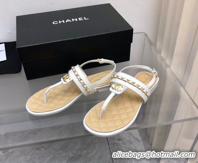 Stylish Chanel Lambskin Flat Thong Sandals with Chain White 228105