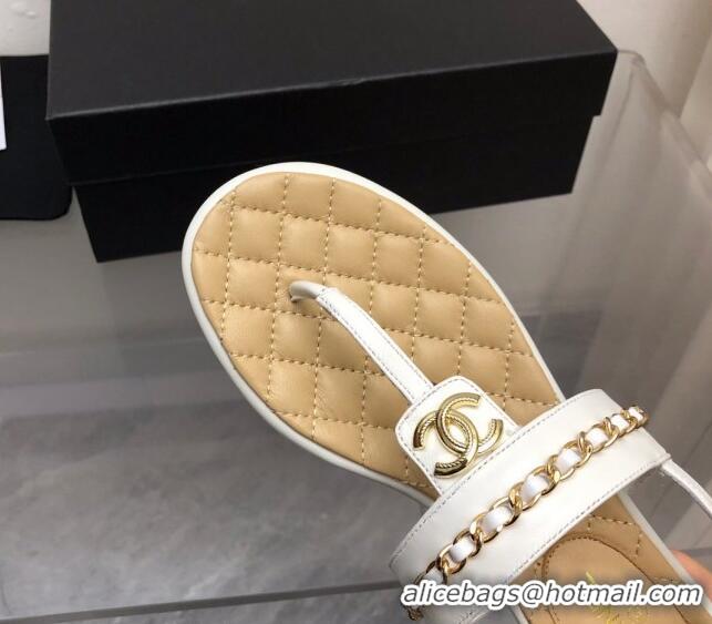 Stylish Chanel Lambskin Flat Thong Sandals with Chain White 228105