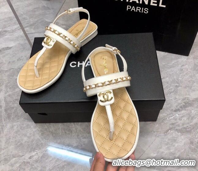 Stylish Chanel Lambskin Flat Thong Sandals with Chain White 228105