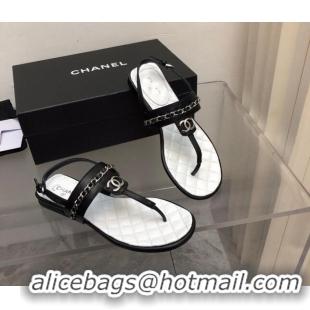 Grade Quality Chanel Lambskin Flat Thong Sandals with Chain Black 228106