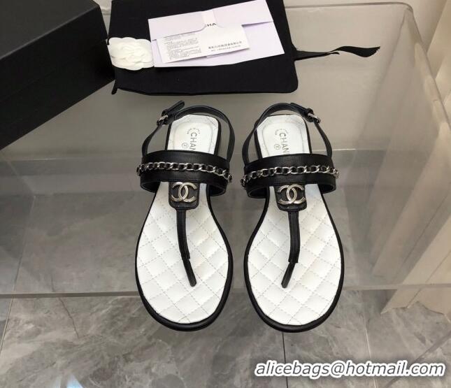 Grade Quality Chanel Lambskin Flat Thong Sandals with Chain Black 228106