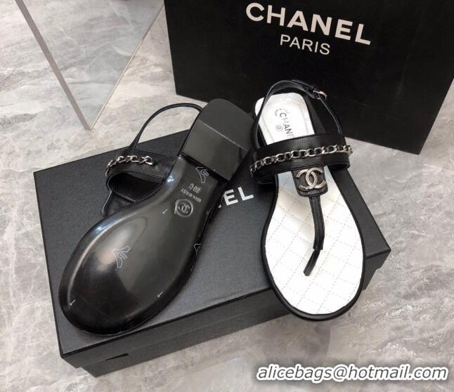 Grade Quality Chanel Lambskin Flat Thong Sandals with Chain Black 228106