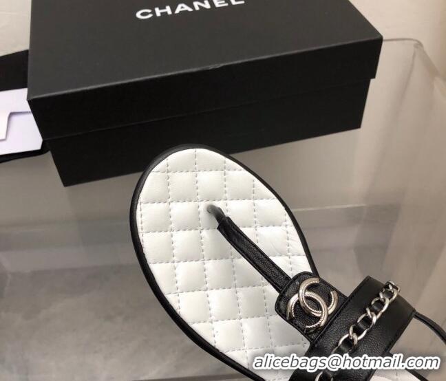 Grade Quality Chanel Lambskin Flat Thong Sandals with Chain Black 228106