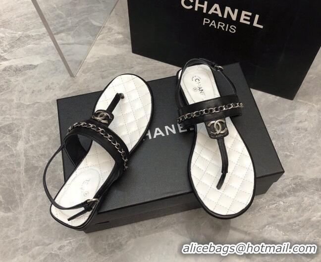 Grade Quality Chanel Lambskin Flat Thong Sandals with Chain Black 228106