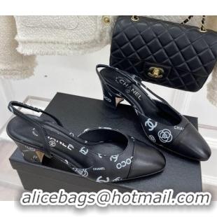 Luxury Chanel Print Lambskin Slingback Pumps 6cm Black 228111