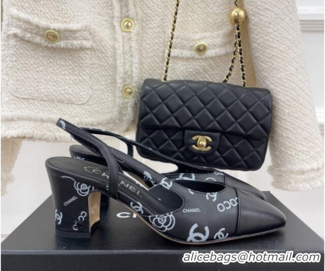 Luxury Chanel Print Lambskin Slingback Pumps 6cm Black 228111