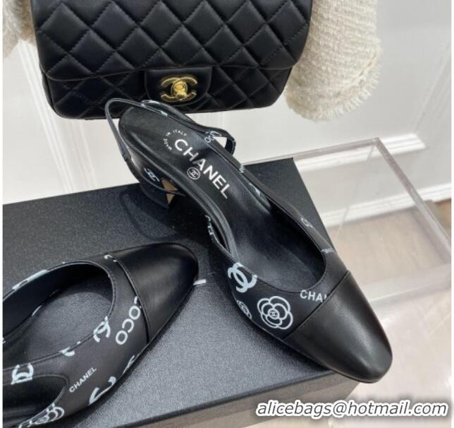 Luxury Chanel Print Lambskin Slingback Pumps 6cm Black 228111