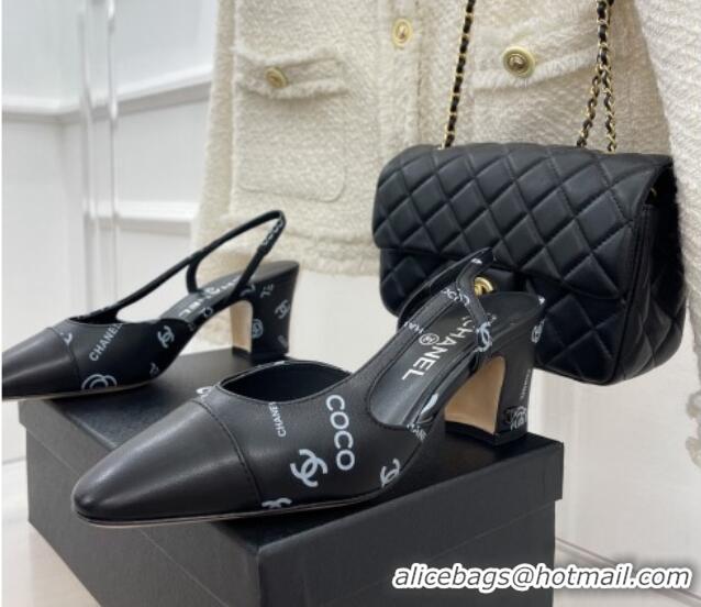 Luxury Chanel Print Lambskin Slingback Pumps 6cm Black 228111