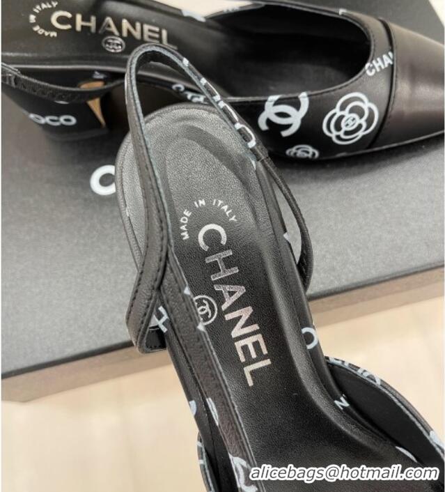 Luxury Chanel Print Lambskin Slingback Pumps 6cm Black 228111